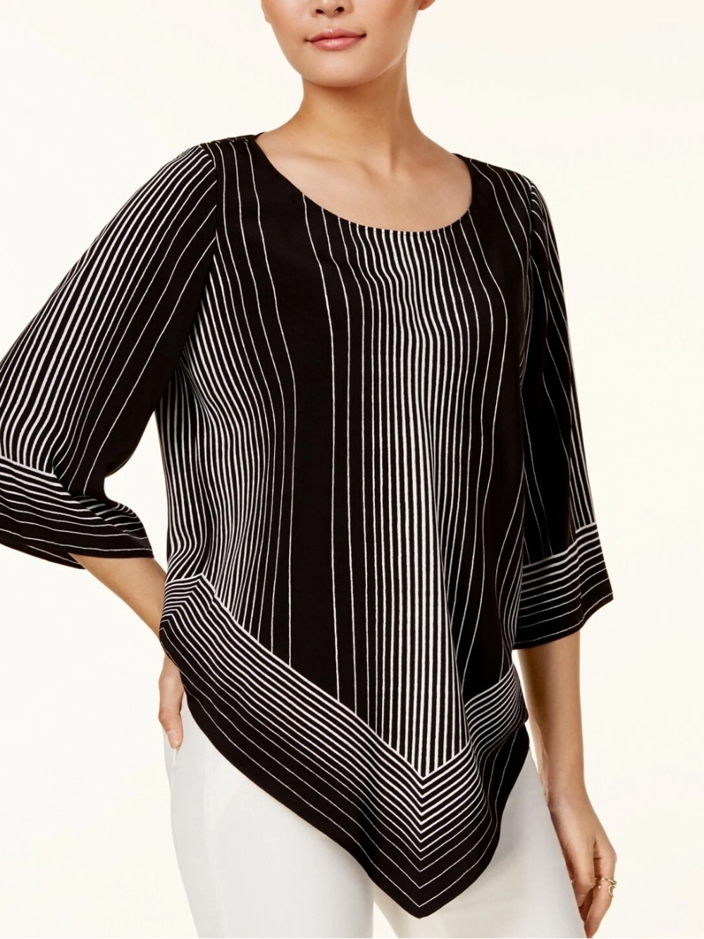 Alfani Women's Black & White Striped Point-Hem Tunic Top